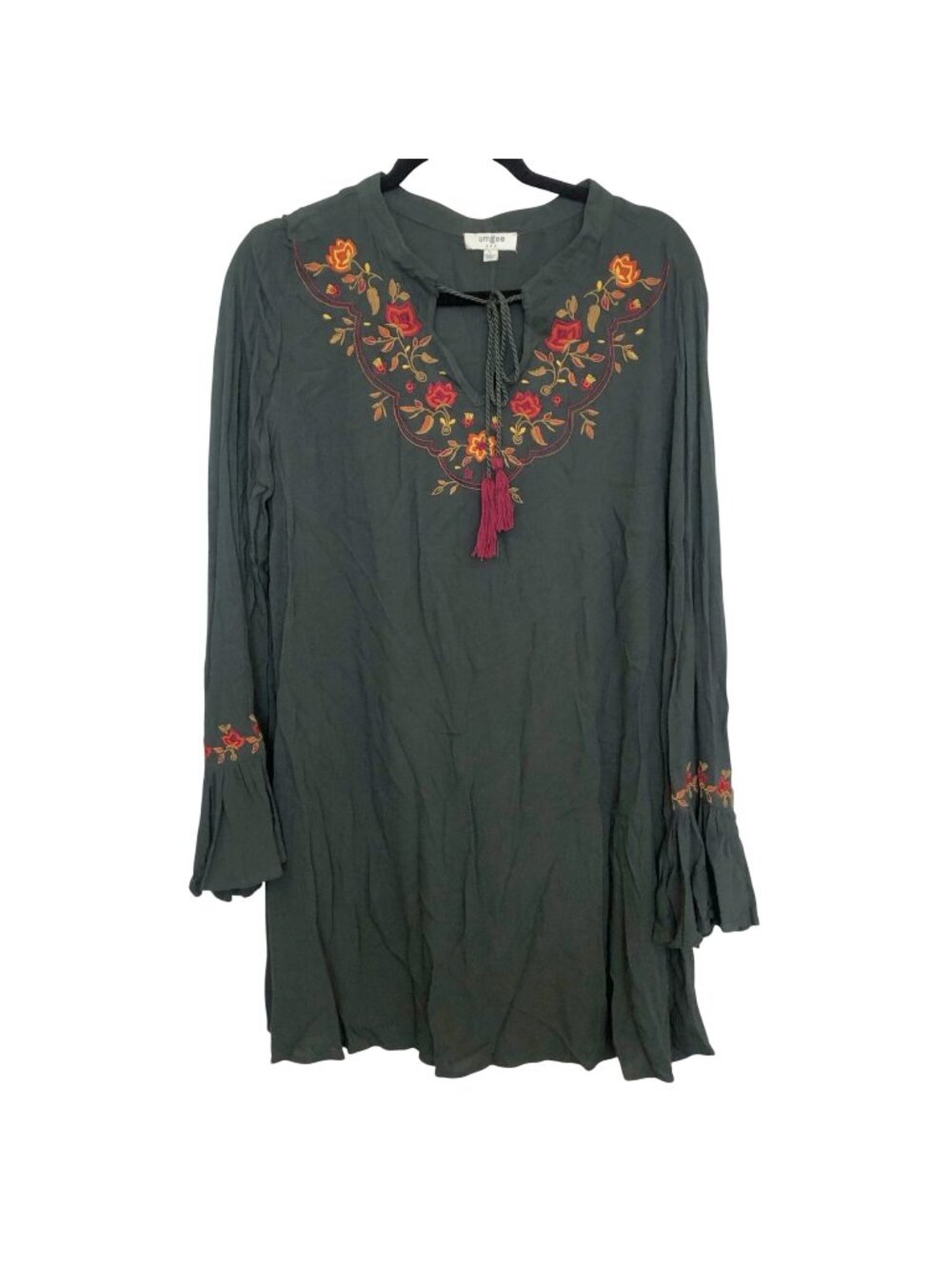 Umgee Women's Green Floral Embroidery Tassel Tunic Dress L